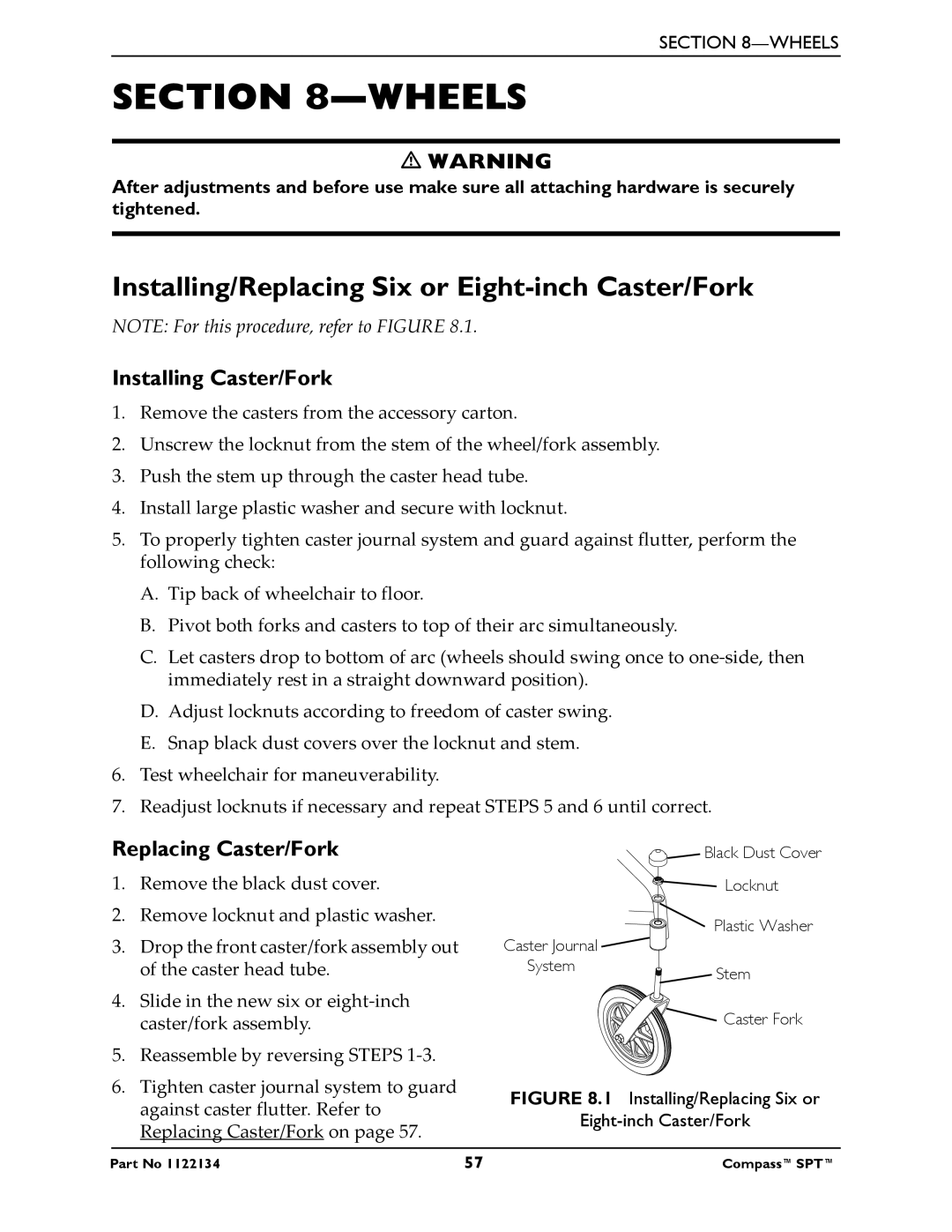 Invacare PHW93 Wheels, Installing/Replacing Six or Eight-inch Caster/Fork, Installing Caster/Fork, Replacing Caster/Fork 