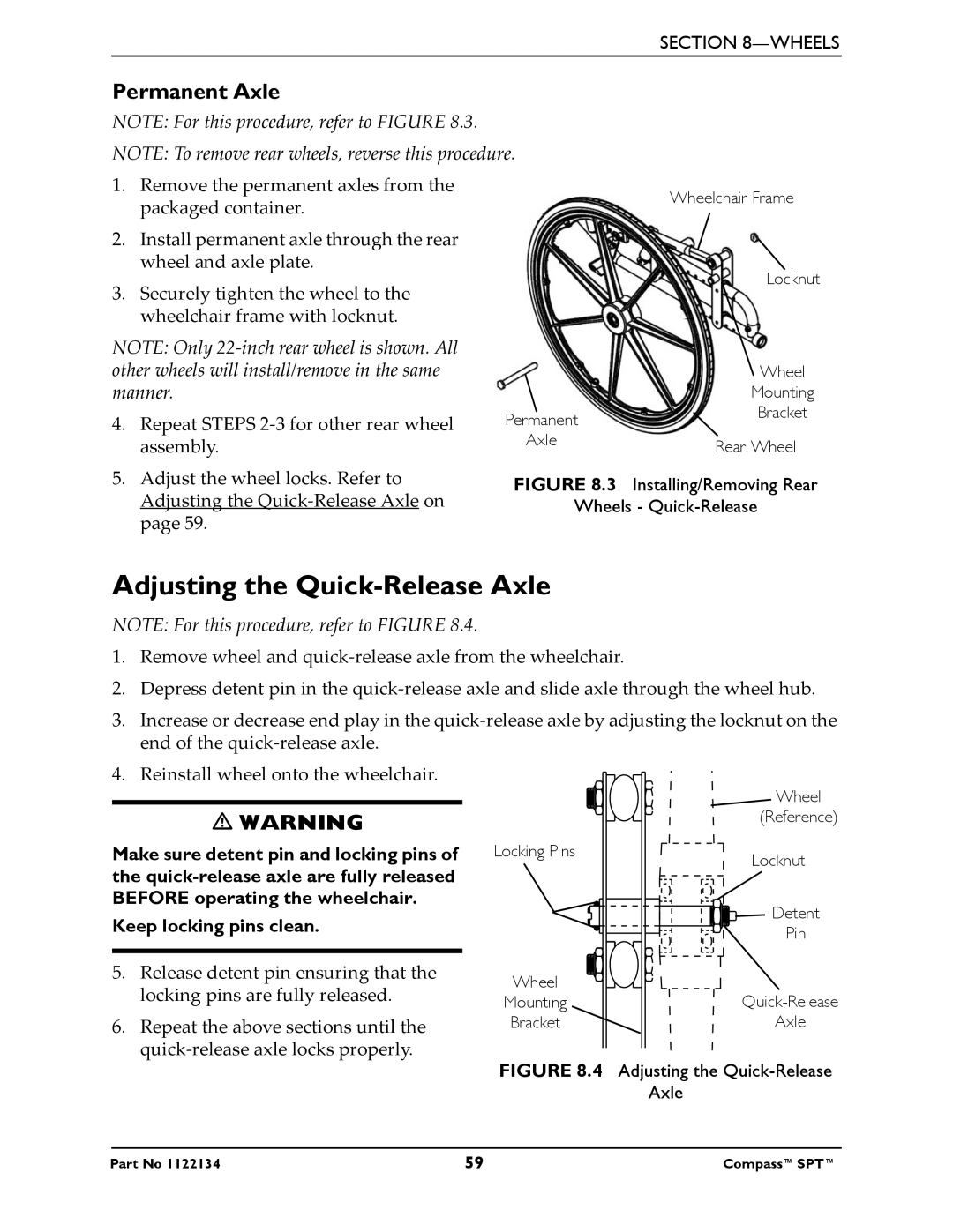 Invacare PHW93, PH904A manual Adjusting the Quick-Release Axle, Permanent Axle 