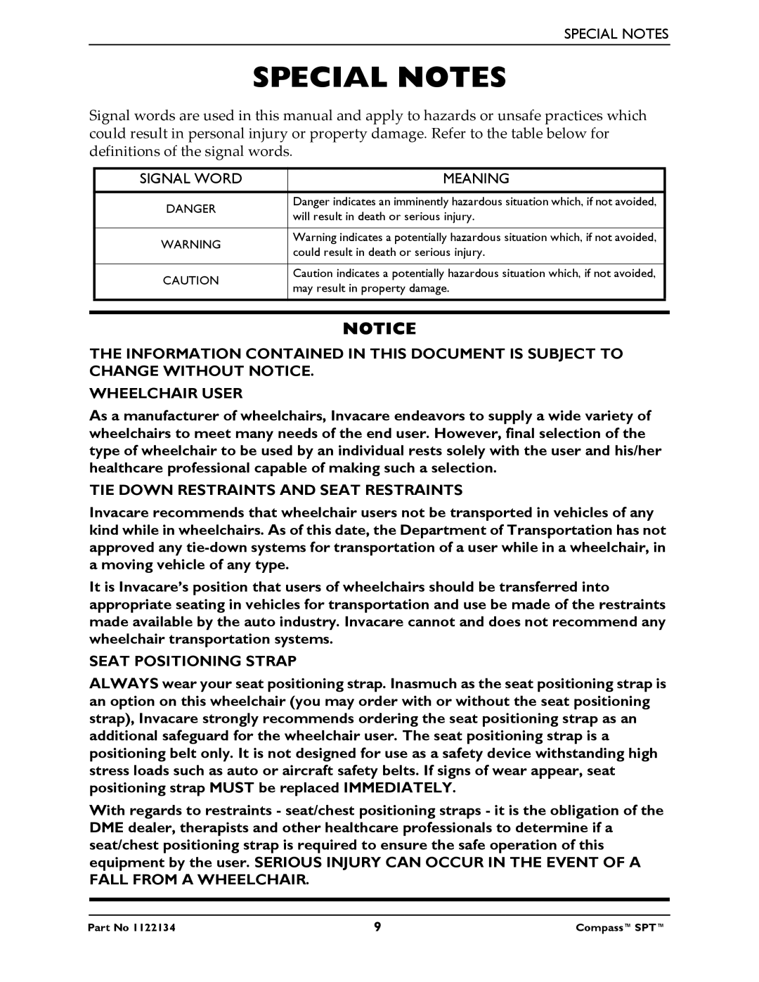 Invacare PHW93, PH904A manual Special Notes, Signal Word Meaning 