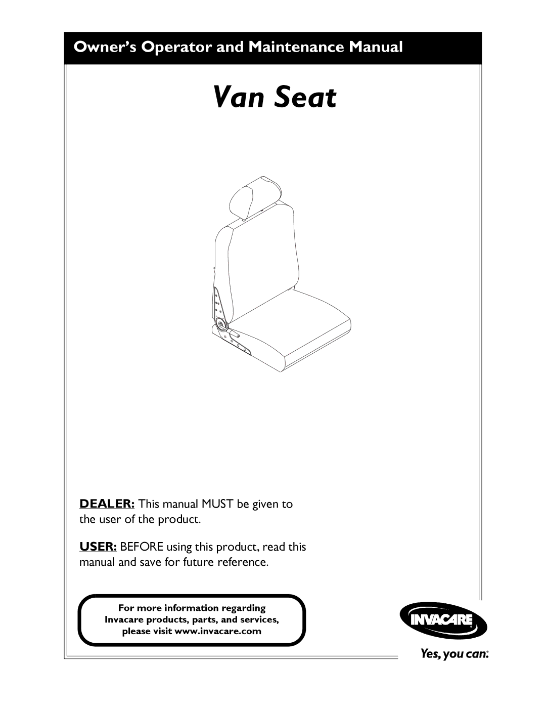 Invacare PHWH93 manual Van Seat 