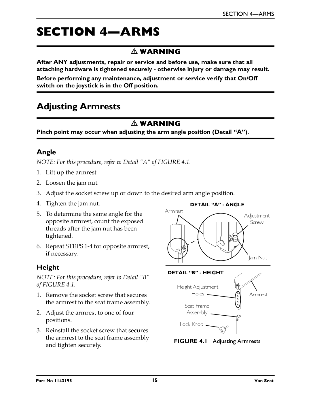 Invacare PHWH93 manual Arms, Adjusting Armrests, Angle, Height 