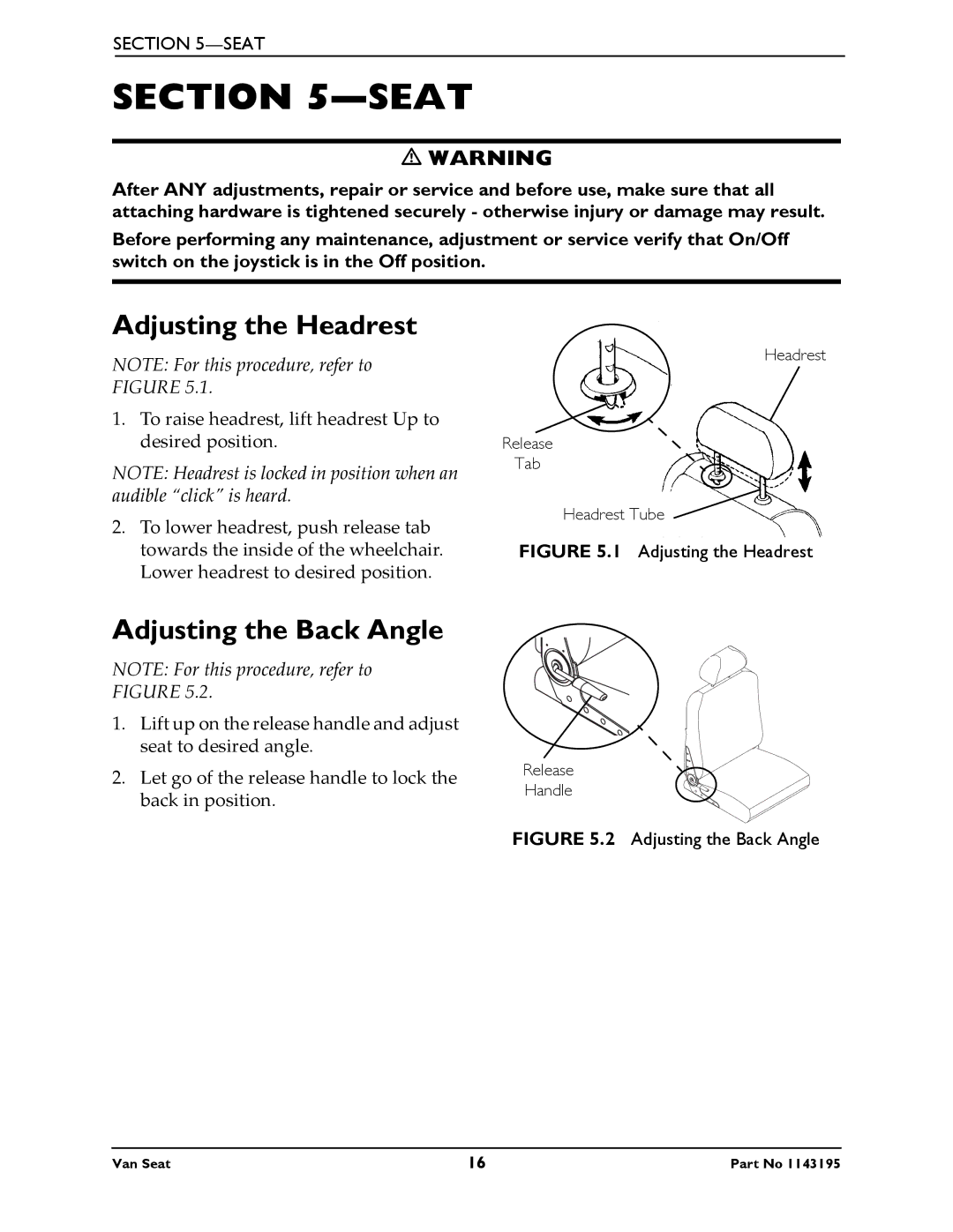 Invacare PHWH93 manual Seat, Adjusting the Headrest, Adjusting the Back Angle 