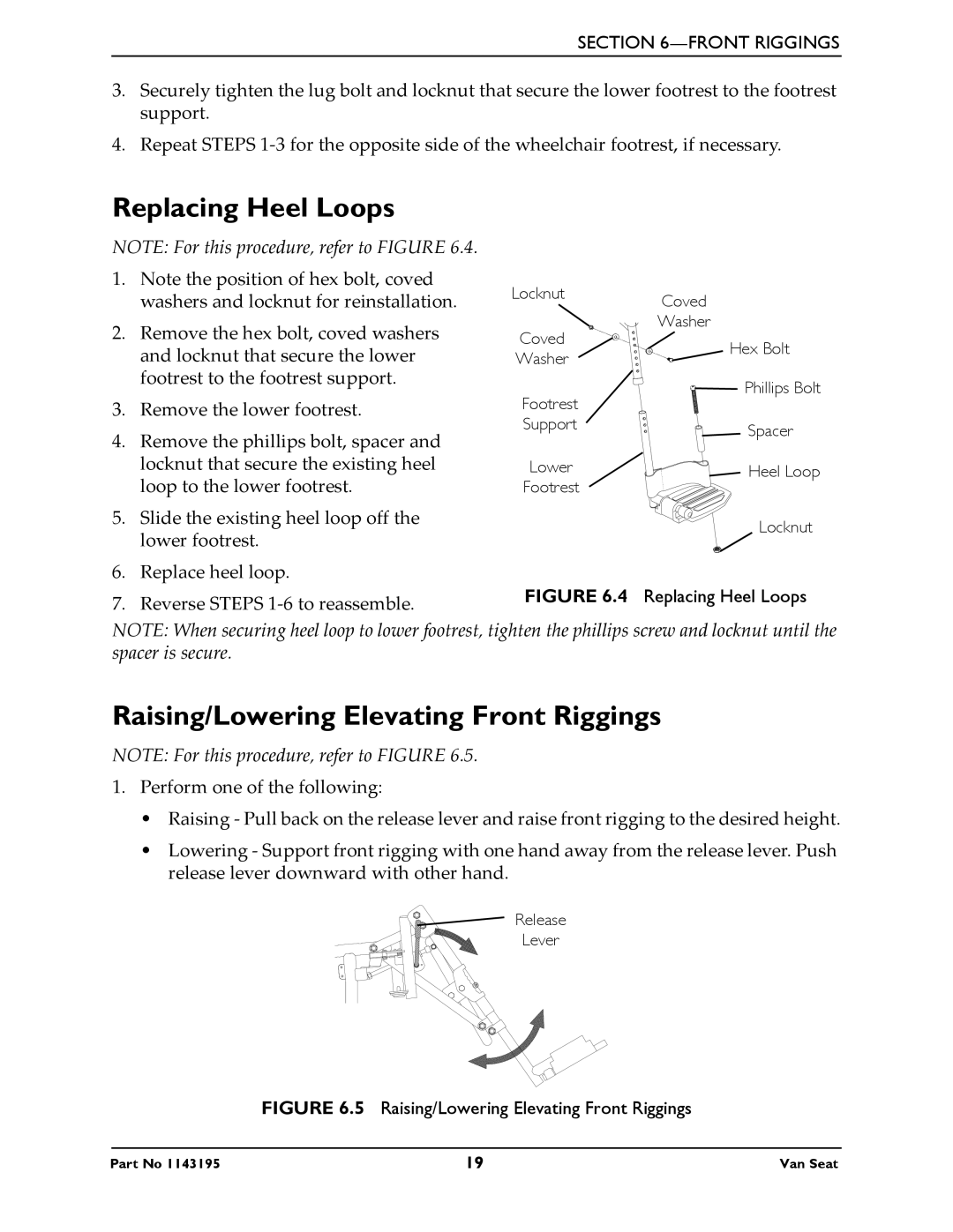 Invacare PHWH93 manual Replacing Heel Loops, Raising/Lowering Elevating Front Riggings 