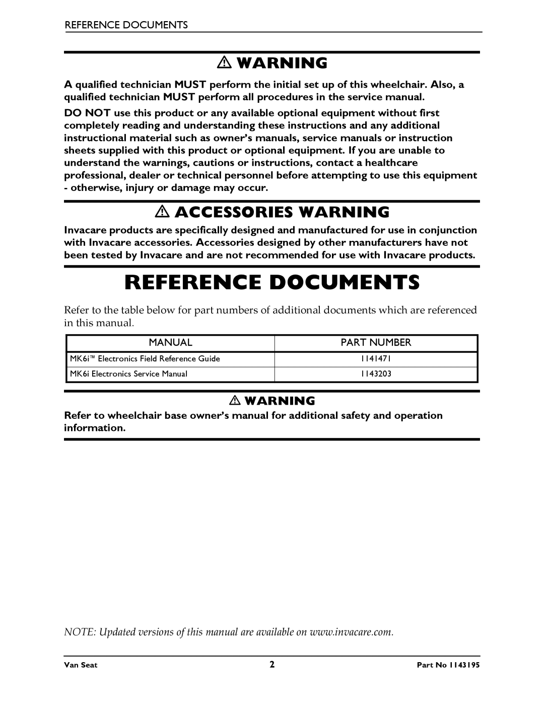 Invacare PHWH93 manual Reference Documents, Accessories Warning 