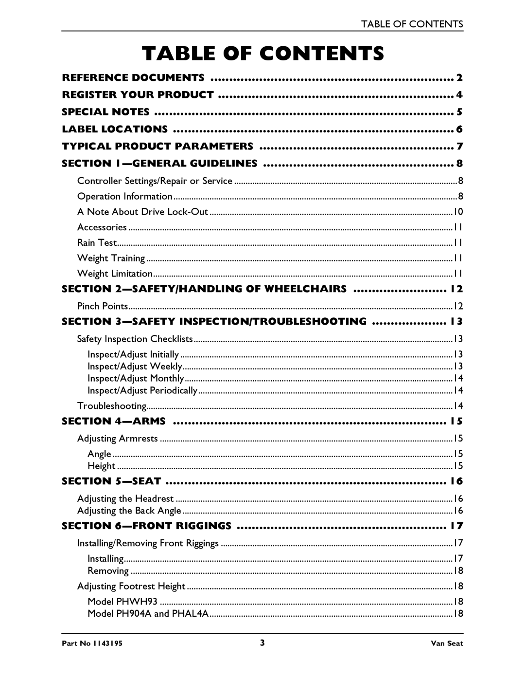 Invacare PHWH93 manual Table of Contents 