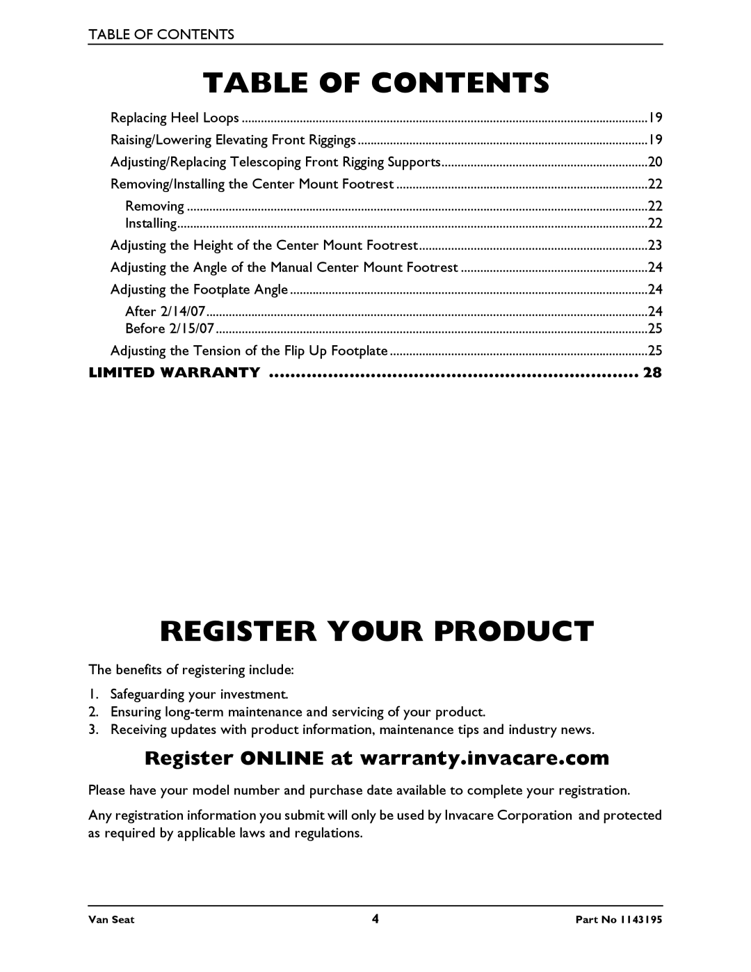 Invacare PHWH93 manual Register Your Product, Register Online at warranty.invacare.com 