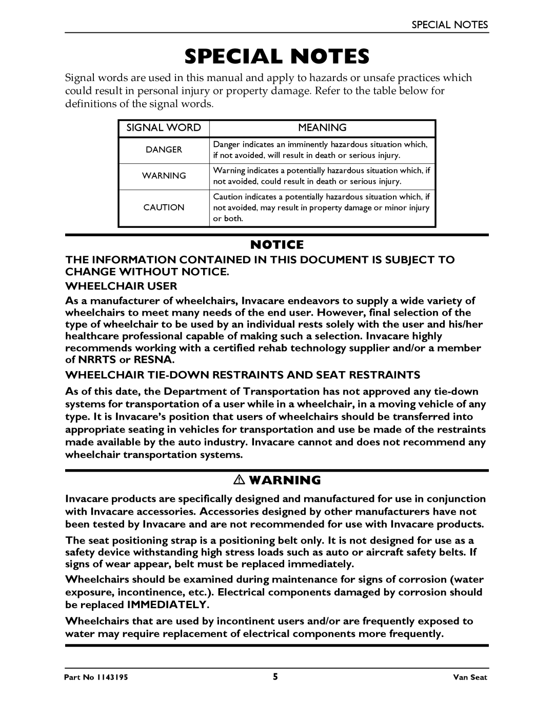 Invacare PHWH93 manual Special Notes, Meaning 