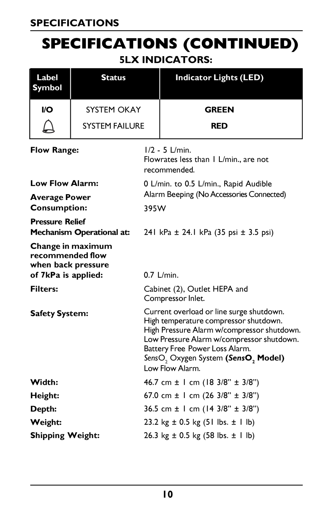 Invacare PLATINUM 5 manual 5LX Indicators, Flow Range Low Flow Alarm Average Power Consumption 