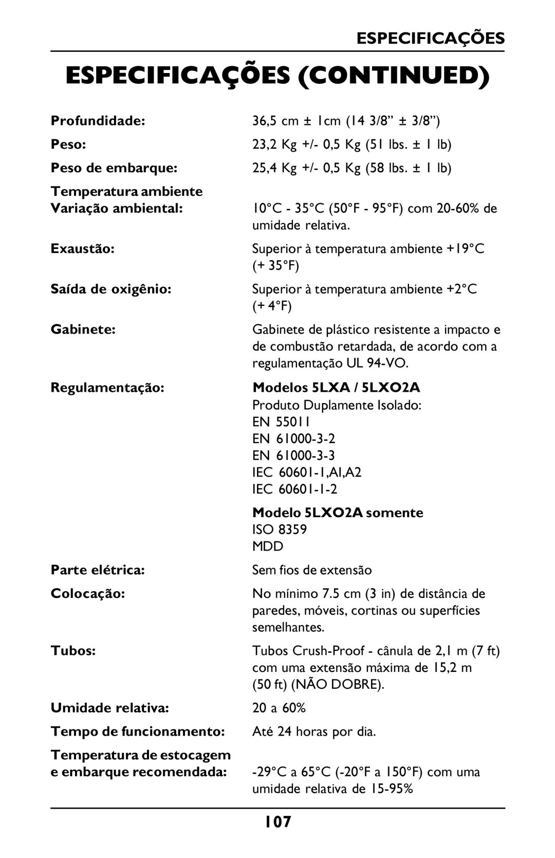 Invacare PLATINUM 5 Profundidade, Peso de embarque, Temperatura ambiente Variação ambiental, Exaustão, Saída de oxigênio 