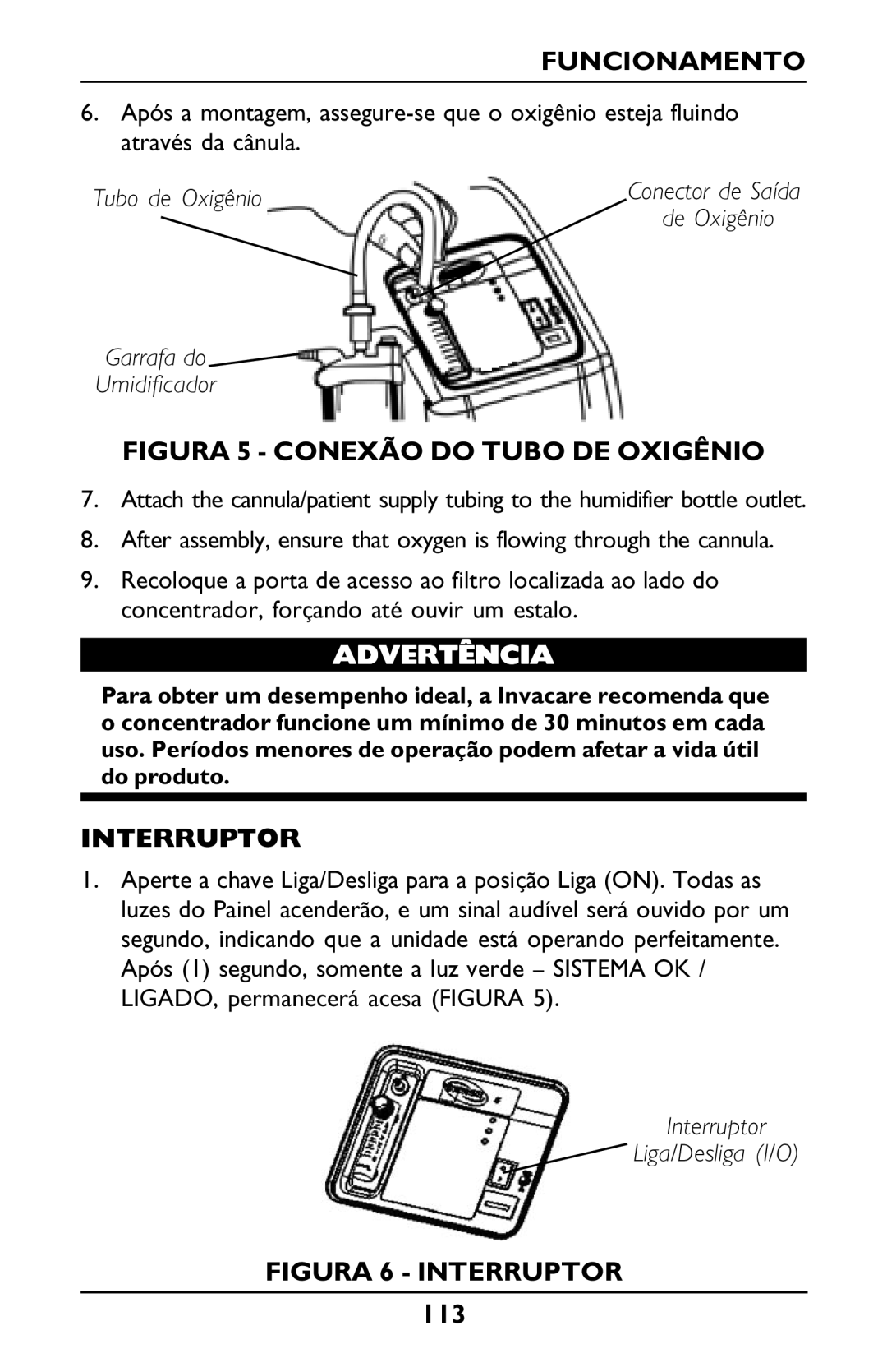 Invacare PLATINUM 5 manual Figura 5 Conexão do Tubo DE Oxigênio, Interruptor 