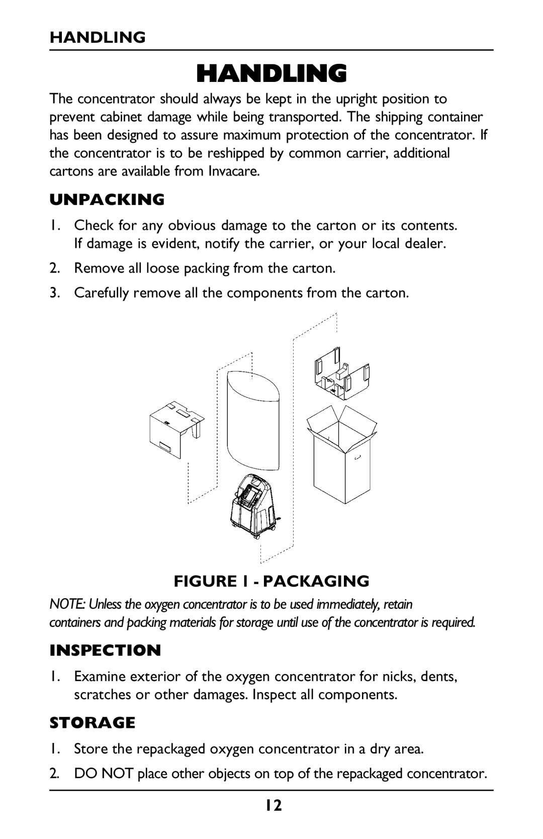 Invacare PLATINUM 5 manual Handling, Unpacking, Inspection, Storage 