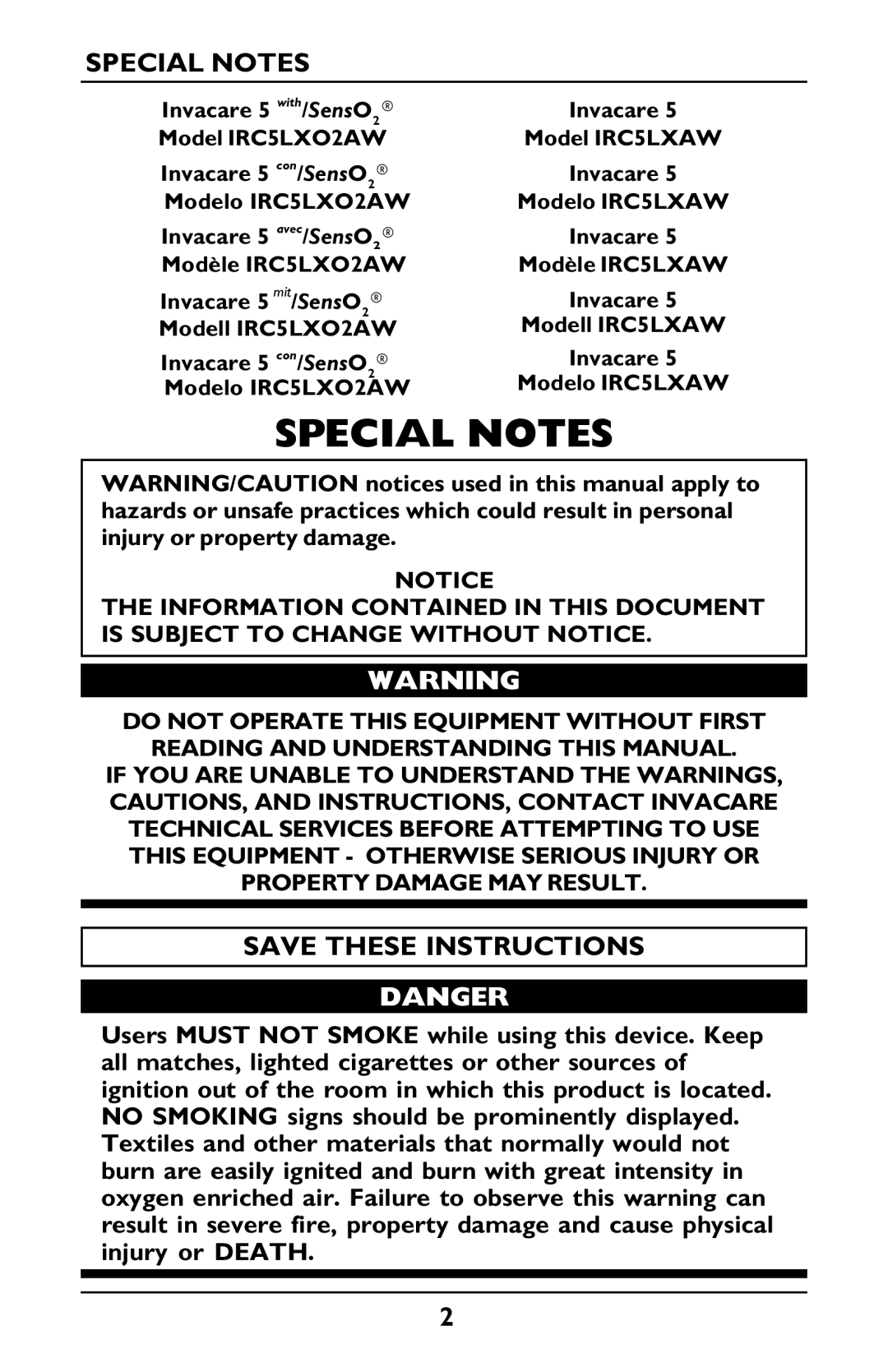 Invacare PLATINUM 5 manual Special Notes 