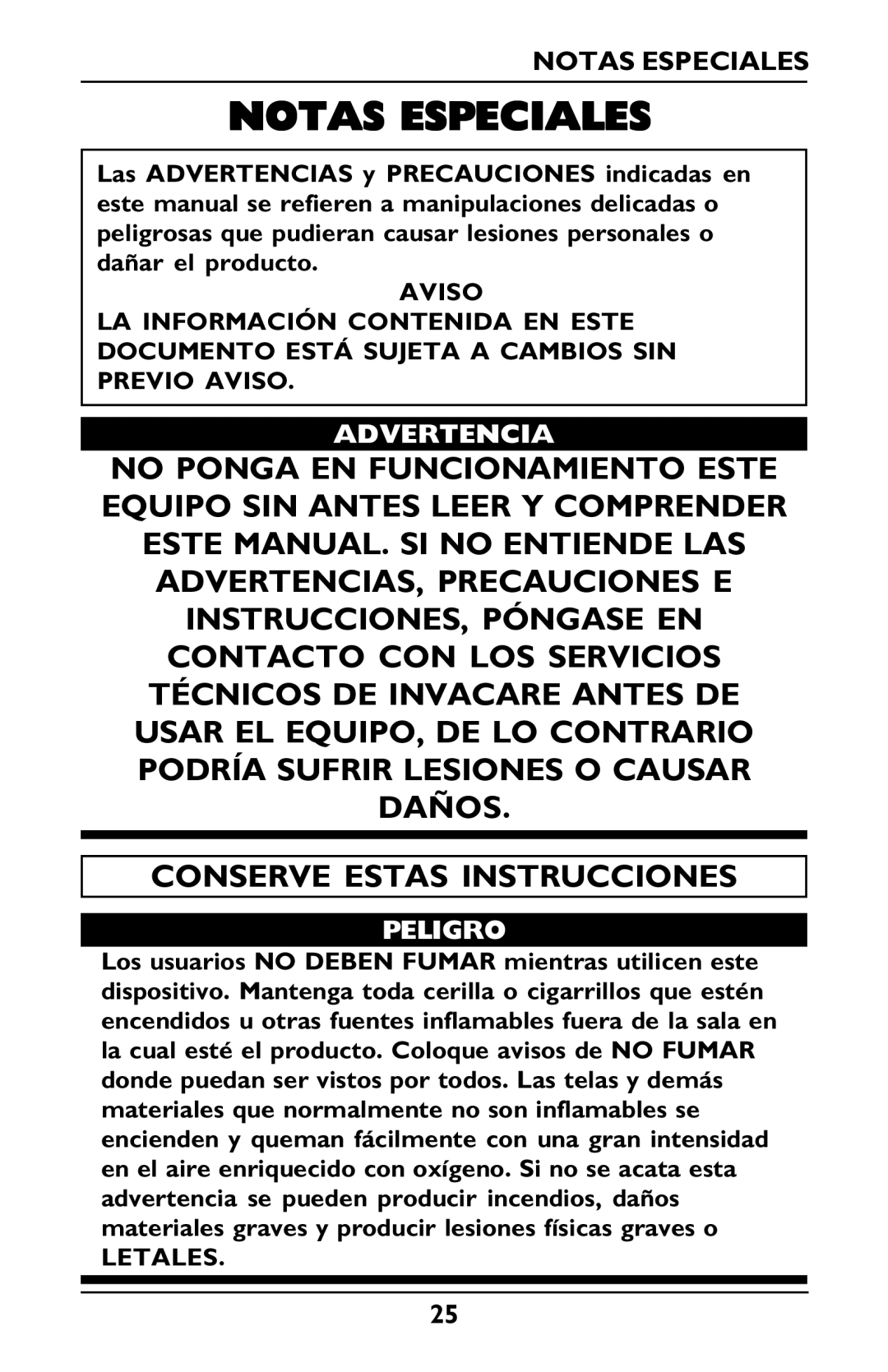 Invacare PLATINUM 5 manual Notas Especiales, Advertencia, Peligro, Letales 