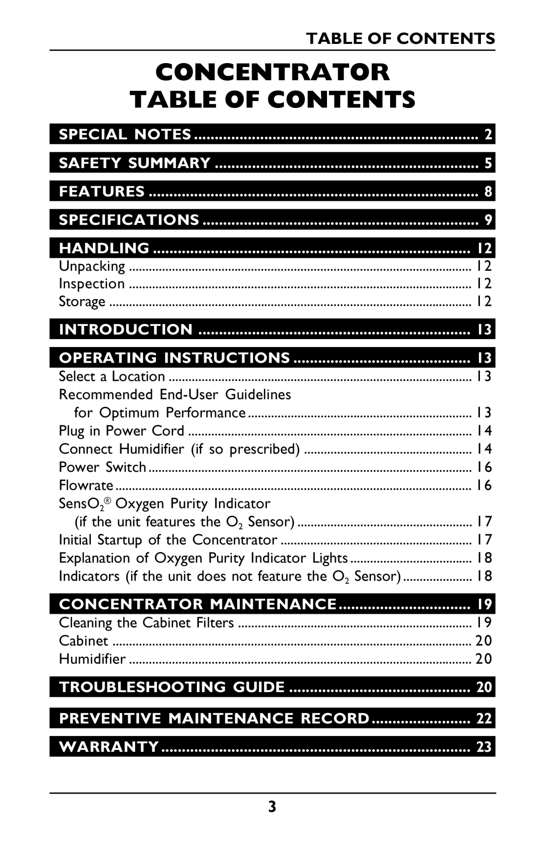 Invacare PLATINUM 5 manual Concentrator Table of Contents 