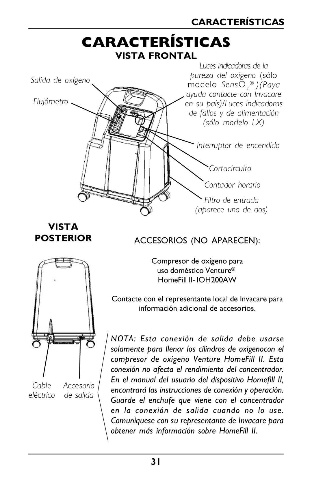 Invacare PLATINUM 5 manual Características, Vista Posterior, Vista Frontal 