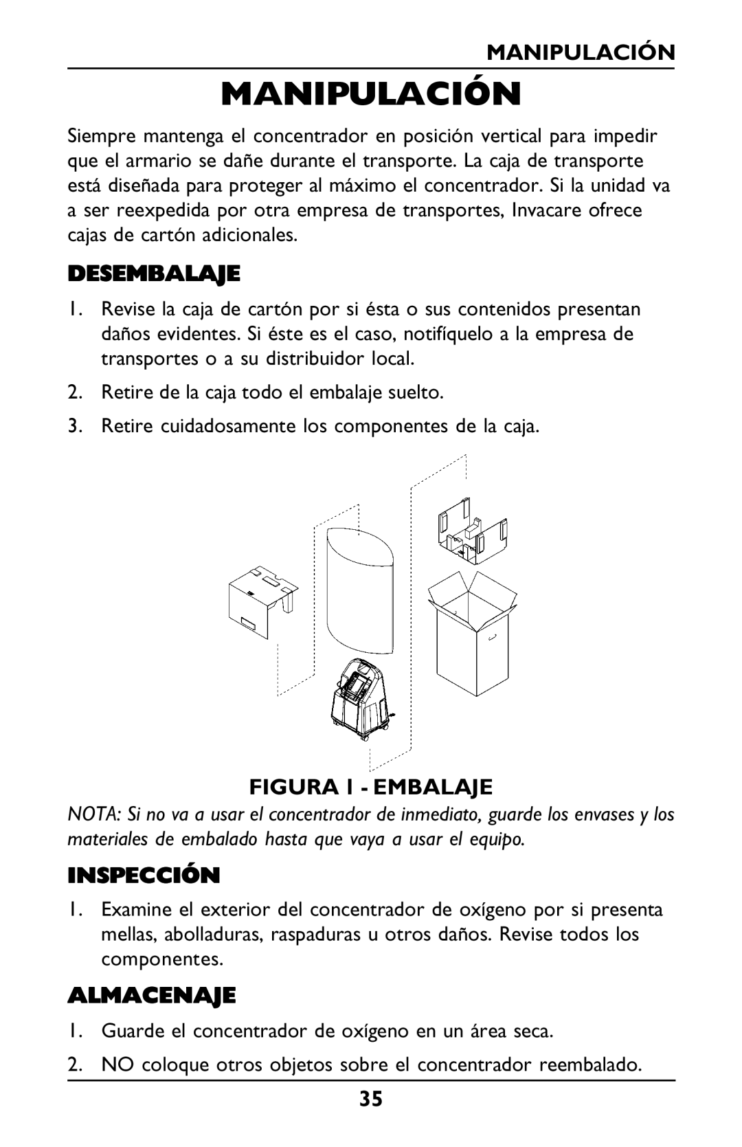 Invacare PLATINUM 5 manual Manipulación, Desembalaje, Inspección, Almacenaje 