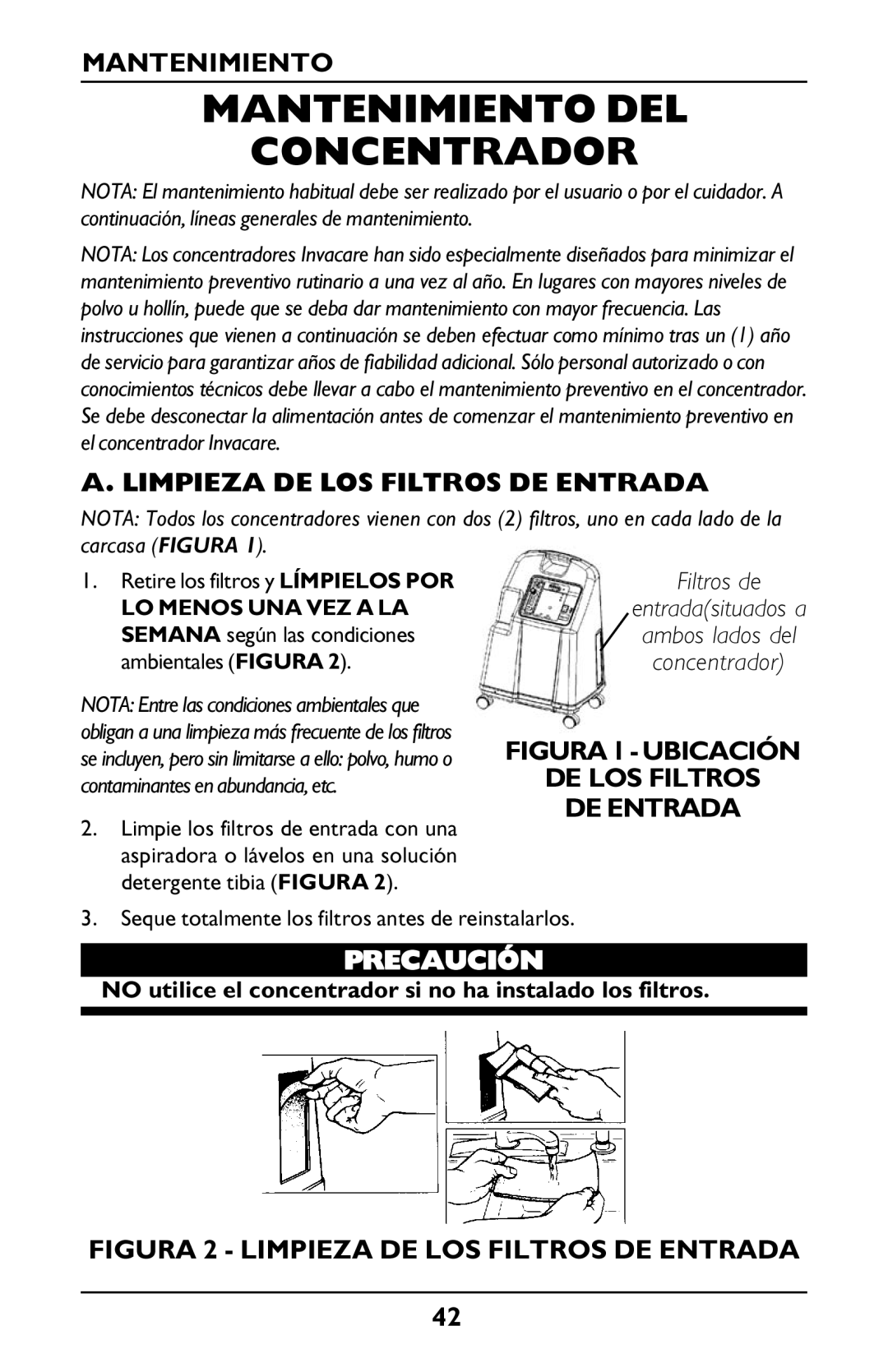 Invacare PLATINUM 5 manual Mantenimiento DEL Concentrador, Limpieza DE LOS Filtros DE Entrada 