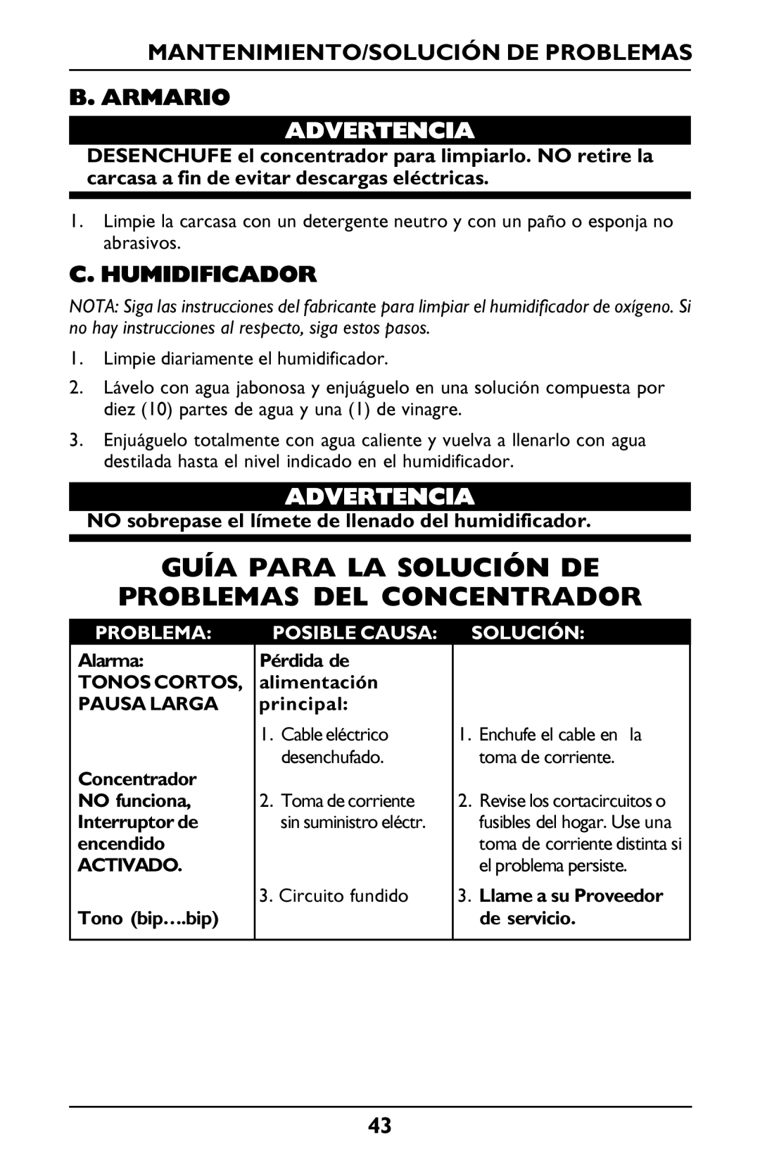 Invacare PLATINUM 5 manual Guía Para LA Solución DE Problemas DEL Concentrador, MANTENIMIENTO/SOLUCIÓN DE Problemas Armario 