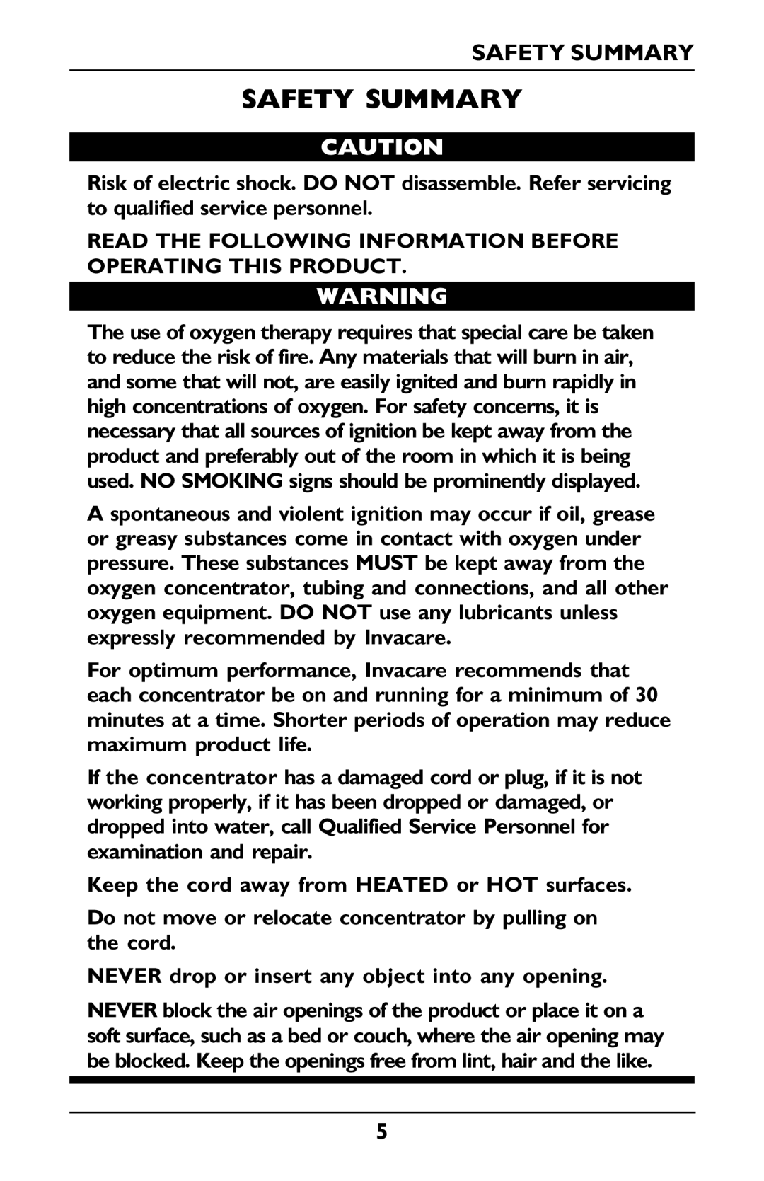 Invacare PLATINUM 5 manual Safety Summary 