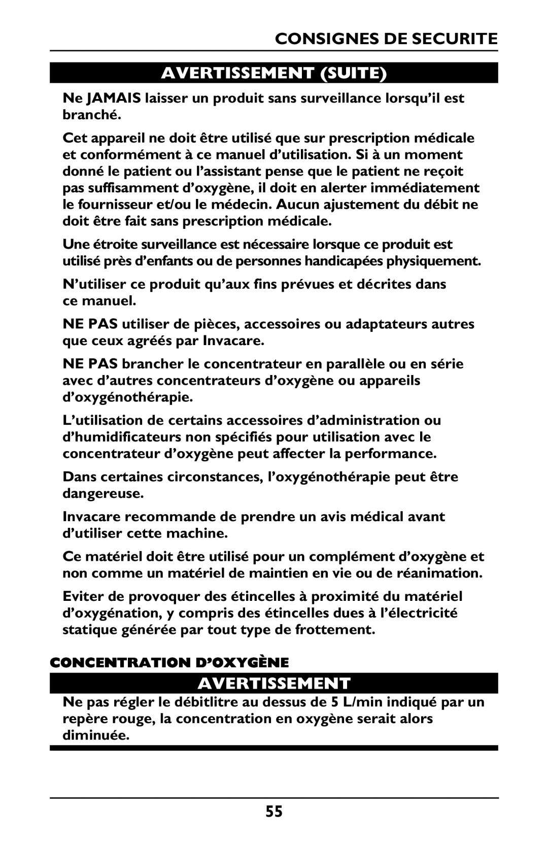 Invacare PLATINUM 5 manual Concentration D’OXYGÈNE 