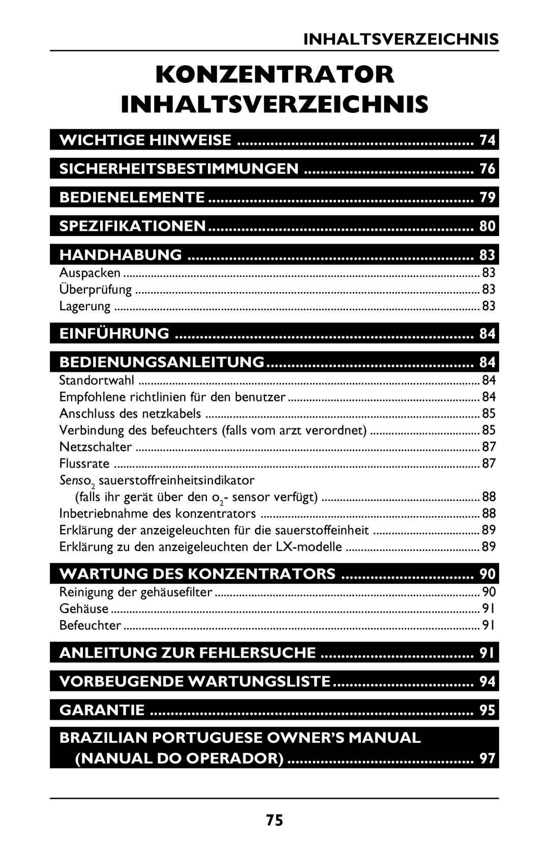 Invacare PLATINUM 5 manual Konzentrator Inhaltsverzeichnis 