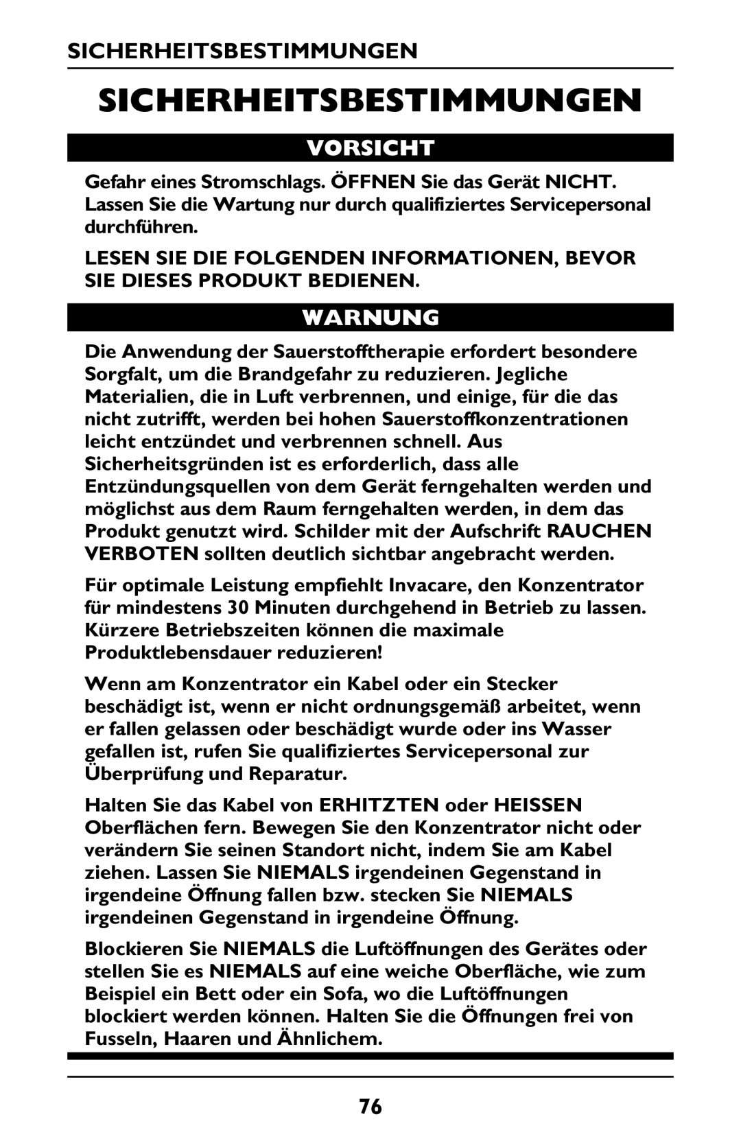 Invacare PLATINUM 5 manual Sicherheitsbestimmungen, Vorsicht, Warnung 