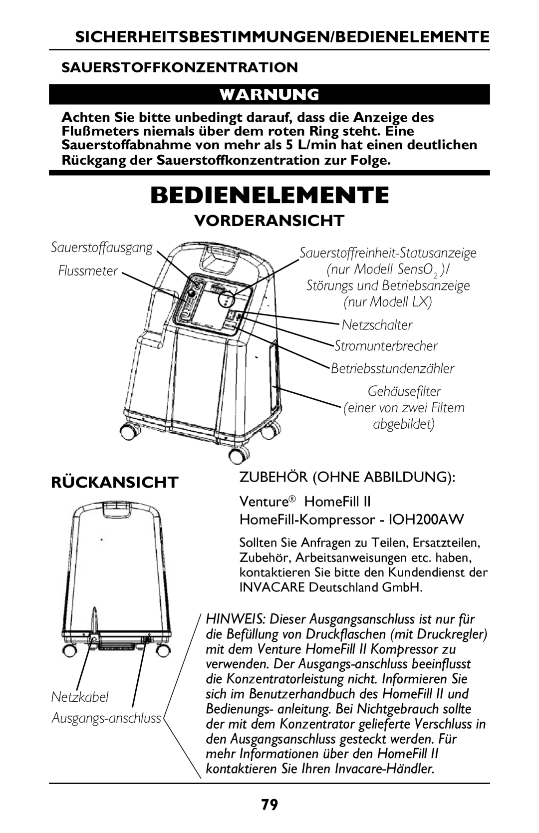 Invacare PLATINUM 5 manual Sicherheitsbestimmungen/Bedienelemente, Vorderansicht, Rückansicht 