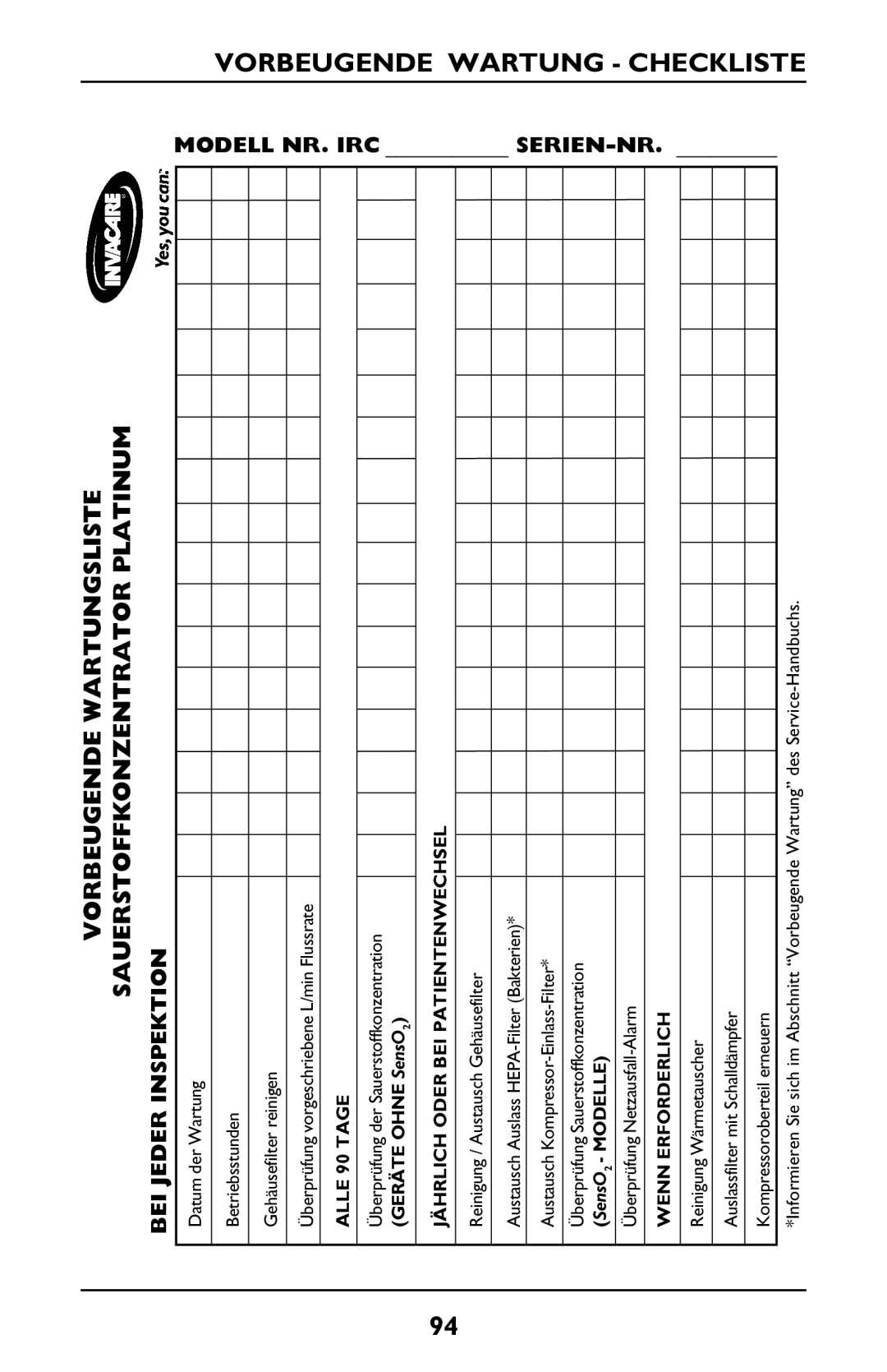 Invacare PLATINUM 5 manual Vorbeugende Wartung Checkliste, Vorbeugende Wartungsliste, Sauerstoffkonzentrator Platinum 