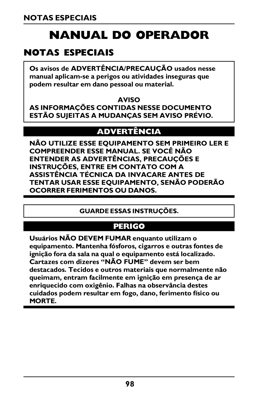 Invacare PLATINUM 5 manual Nanual do Operador, Notas Especiais, Advertência, Perigo 