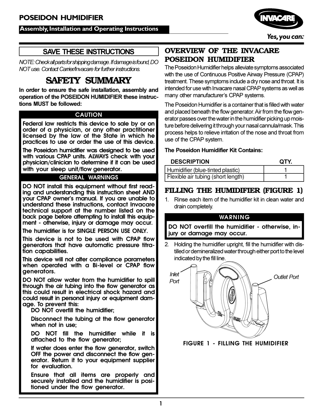 Invacare instruction sheet Overview of the Invacare Poseidon Humidifier, Filling the Humidifier Figure 