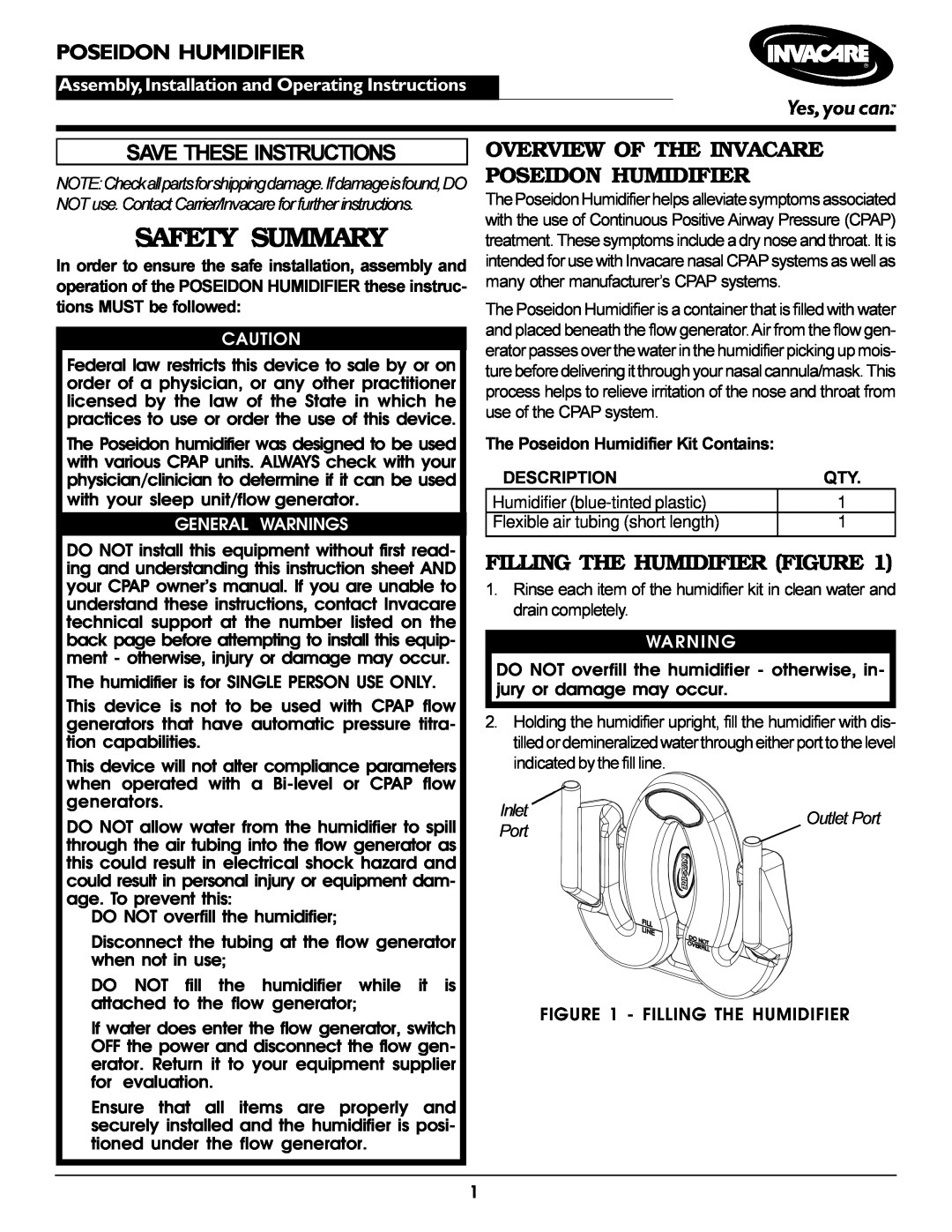 Invacare instruction sheet Overview Of The Invacare Poseidon Humidifier, Filling The Humidifier Figure, Safety Summary 