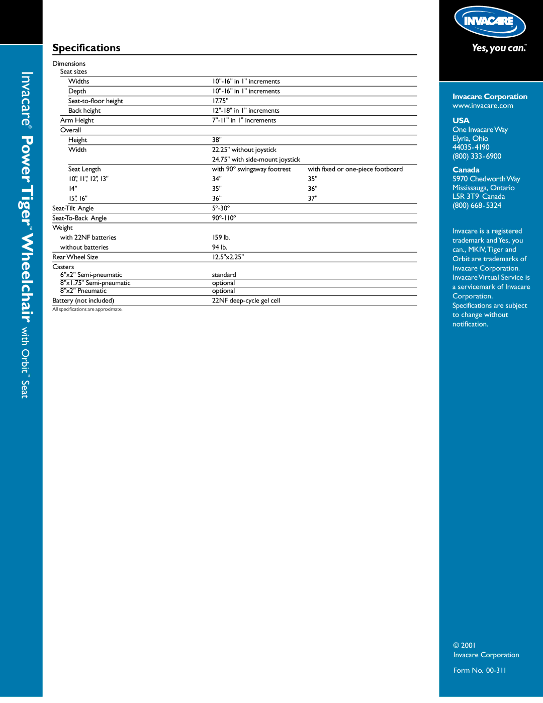 Invacare specifications Invacare Power Tiger Wheelchair with Orbit Seat, Specifications 