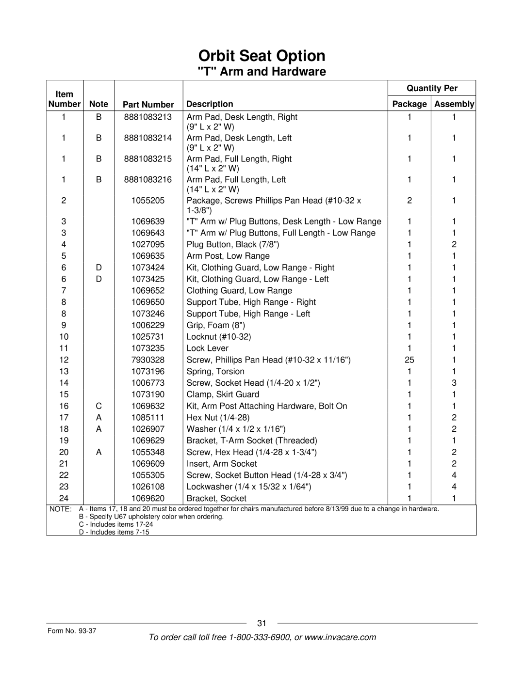 Invacare Power TigerTM manual Quantity Per Number Part Number Description Package Assembly 