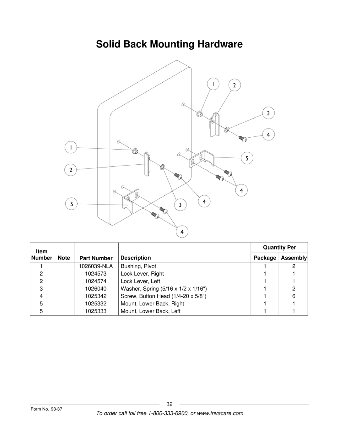 Invacare Power TigerTM manual Solid Back Mounting Hardware 