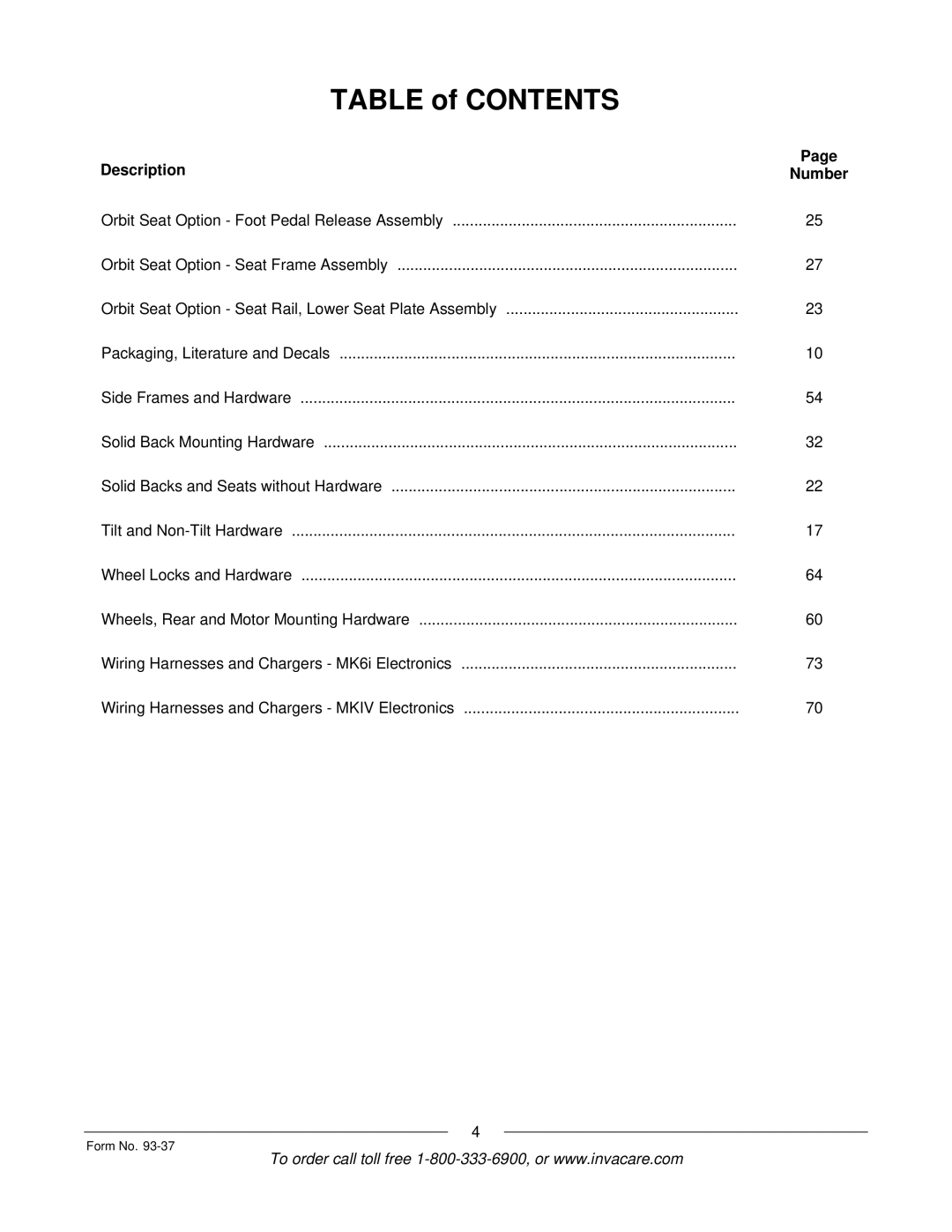 Invacare Power TigerTM manual Table of Contents 