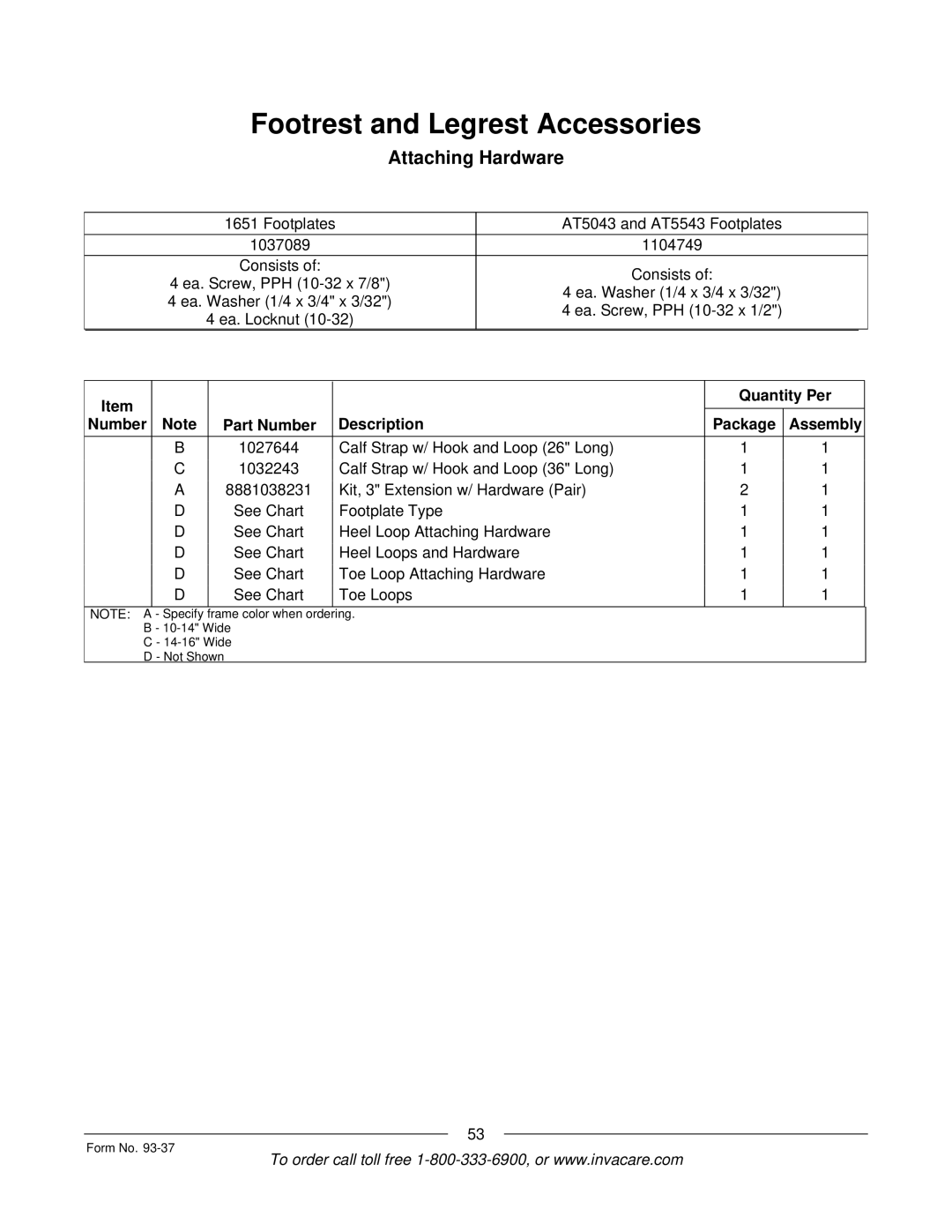 Invacare Power TigerTM manual Attaching Hardware, Number Part Number Description Package Assembly 