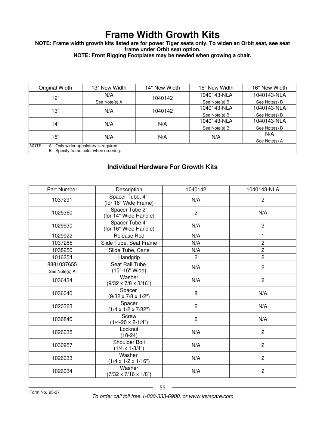 Invacare Power TigerTM manual Frame Width Growth Kits, Individual Hardware For Growth Kits 