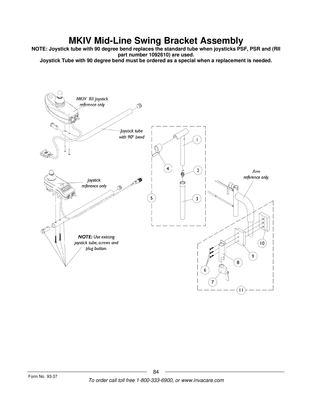 Invacare Power TigerTM manual Mkiv Mid-Line Swing Bracket Assembly 