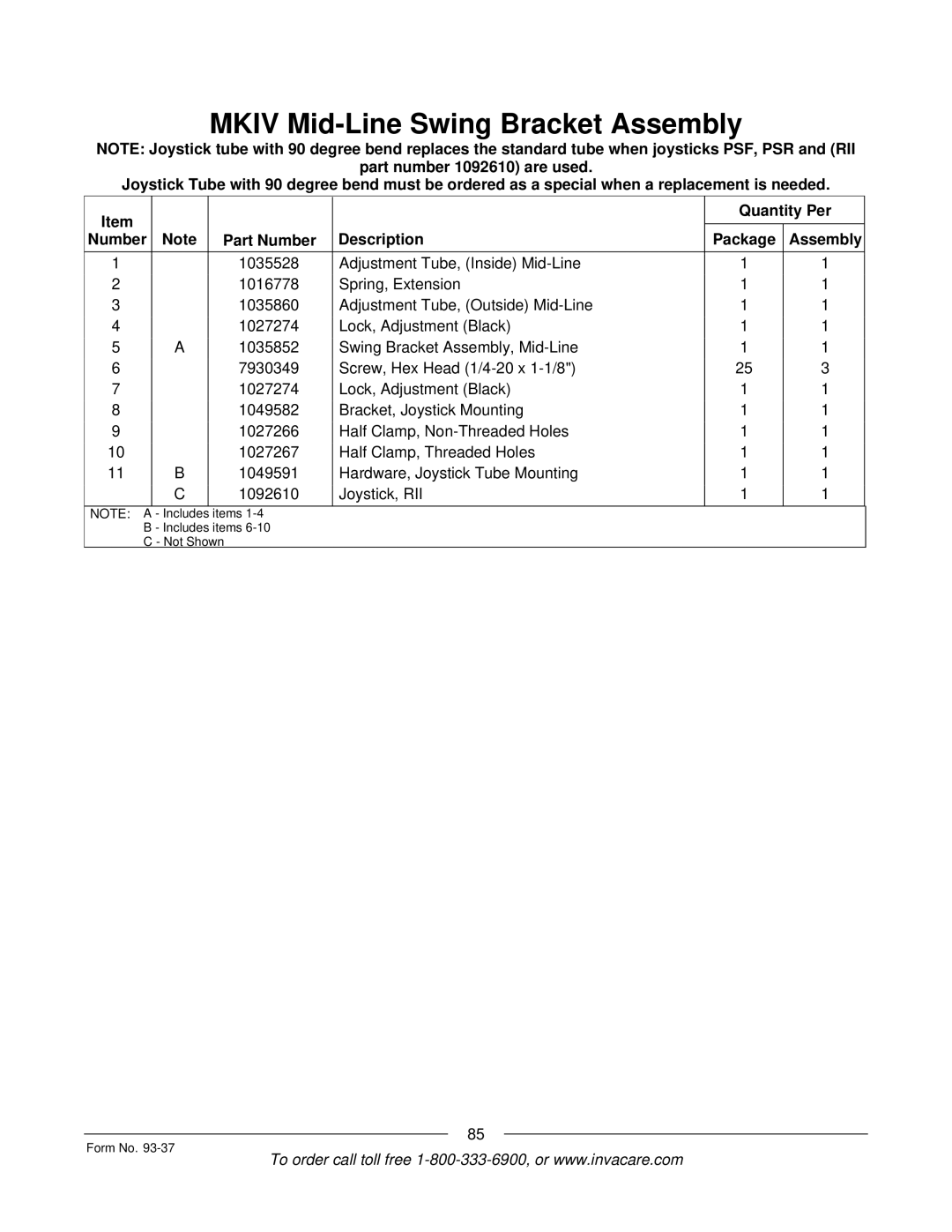 Invacare Power TigerTM manual Items Includes items Not Shown Form No 