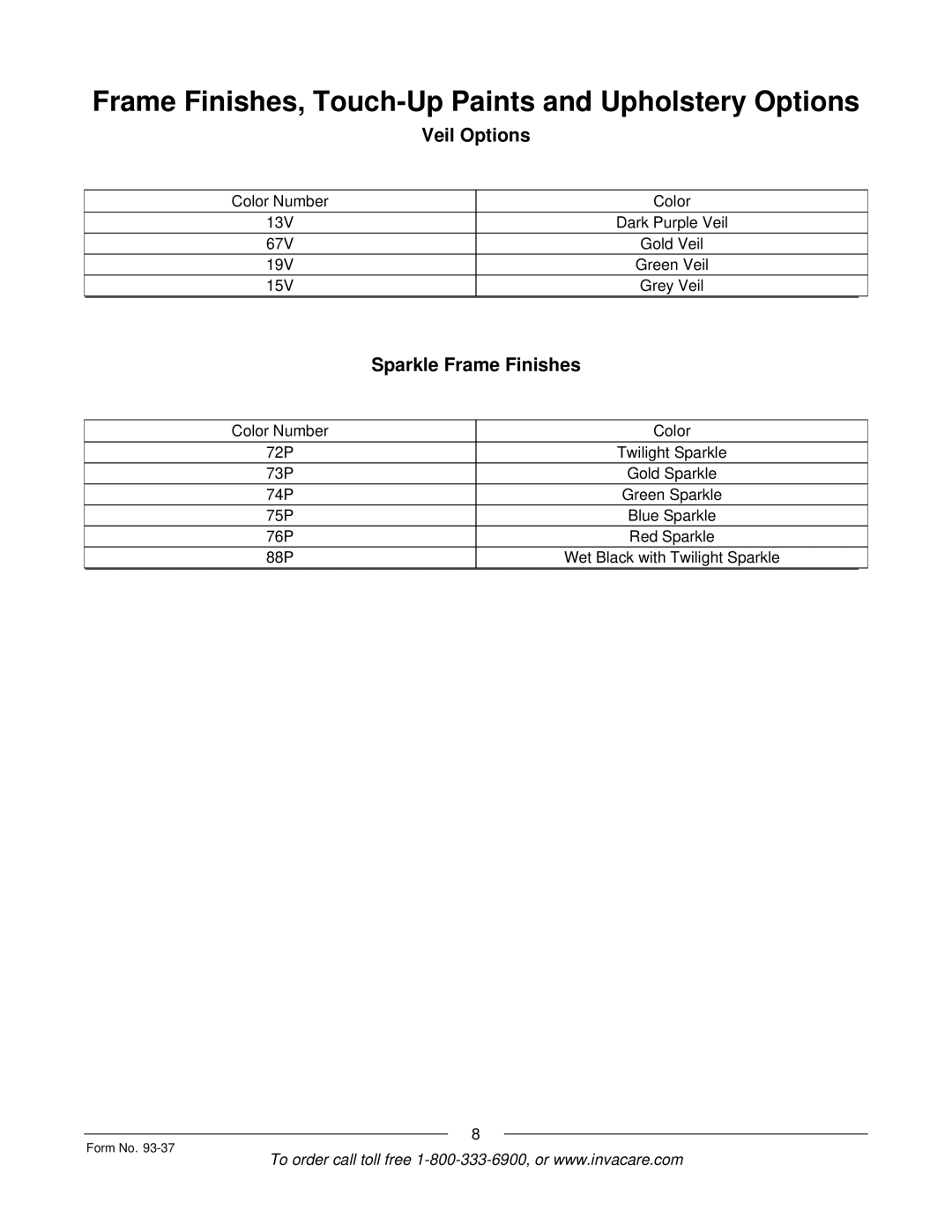 Invacare Power TigerTM manual Veil Options, Sparkle Frame Finishes 