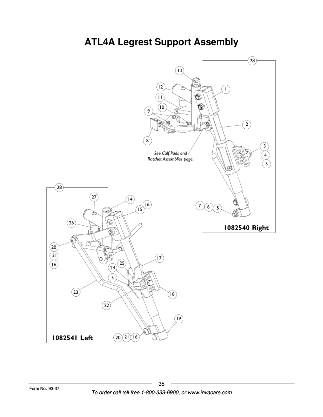 Invacare Power TigerTM manual ATL4A Legrest Support Assembly, Form No 