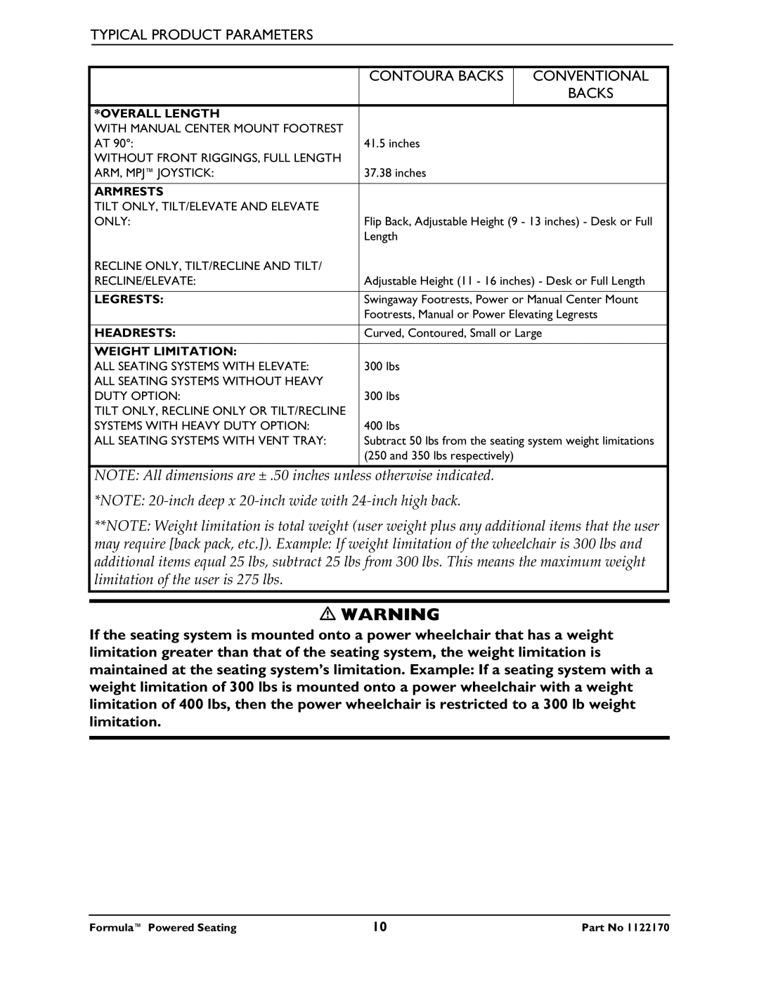 Invacare Powered Seating manual Typical Product Parameters Contoura Backs Conventional 