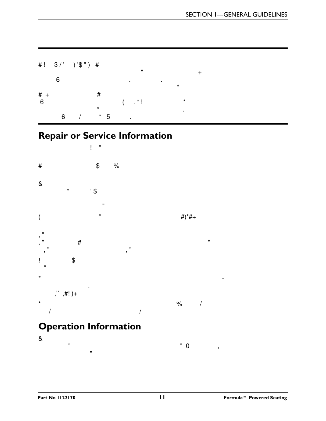 Invacare Powered Seating manual General Guidelines, Repair or Service Information, Operation Information 