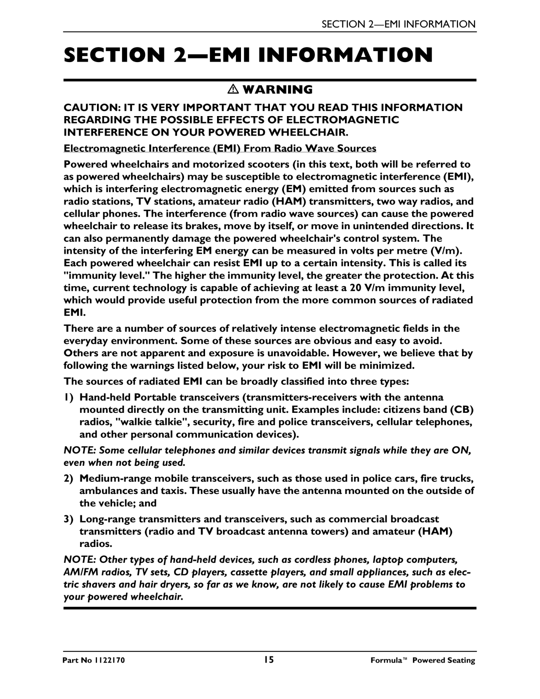 Invacare Powered Seating manual EMI Information 