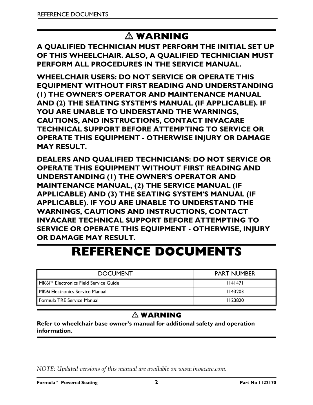 Invacare Powered Seating manual Reference Documents, Document Part Number 