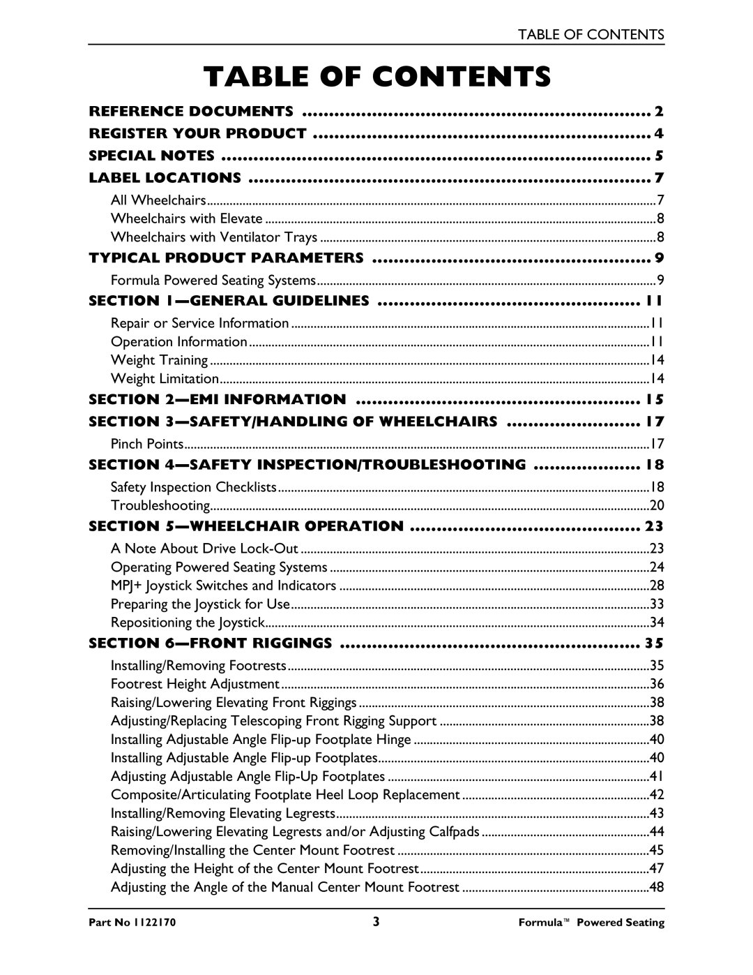 Invacare Powered Seating manual Table of Contents 