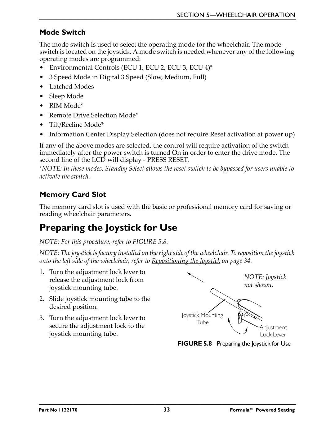 Invacare Powered Seating manual Preparing the Joystick for Use, Mode Switch, Memory Card Slot 