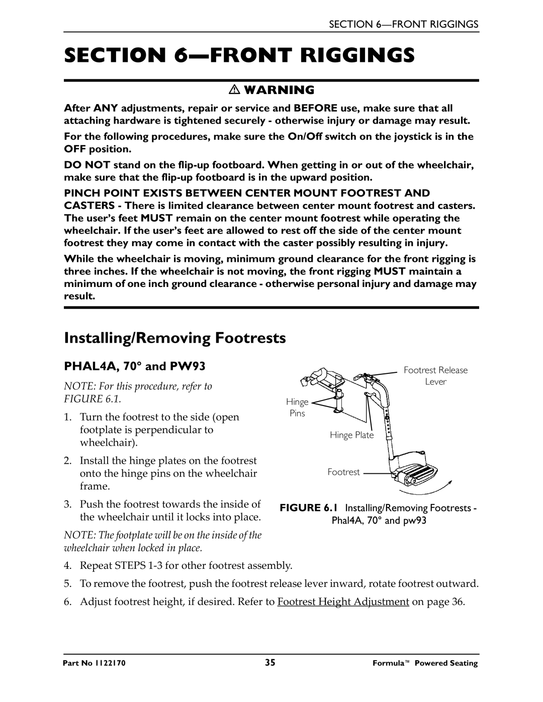 Invacare Powered Seating manual Front Riggings, Installing/Removing Footrests, PHAL4A, 70 and PW93 