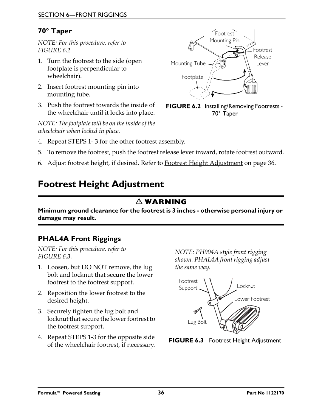 Invacare Powered Seating manual Footrest Height Adjustment, Taper, PHAL4A Front Riggings 