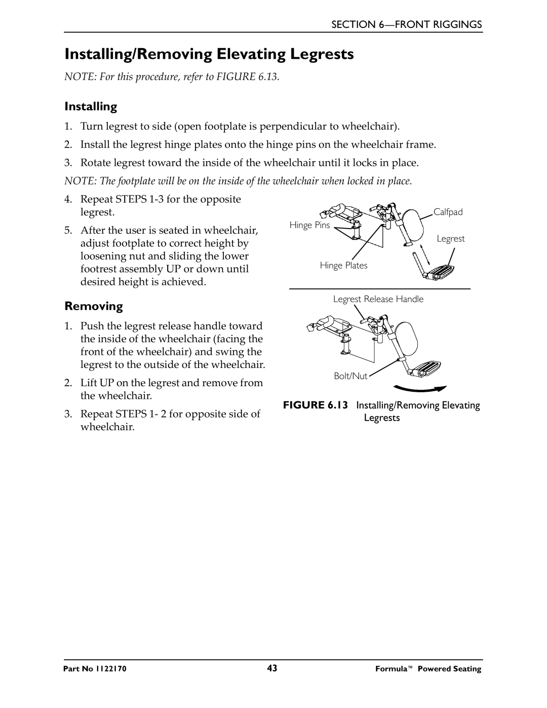 Invacare Powered Seating manual Installing/Removing Elevating Legrests 